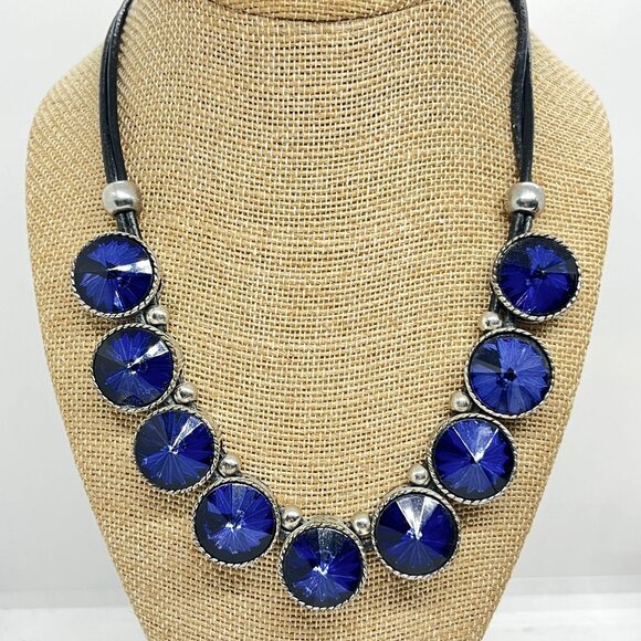 BOLD BLUE RIVOLI RHINESTONE STATEMENT NECKLACE BLACK CORD SILVER TONE BIB COLLAR - Picture 1 of 16